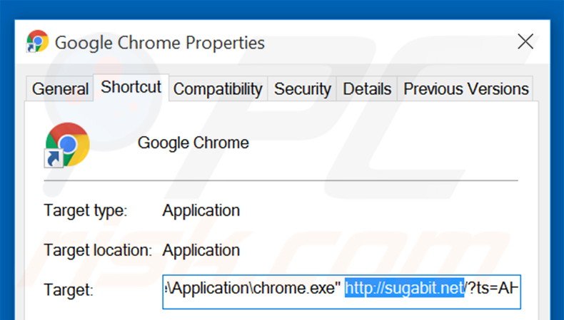 Verwijder sugabit.net als doel van de Google Chrome snelkoppeling stap 2