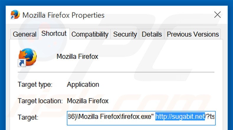 Verwijder sugabit.net als doel van de Mozilla Firefox snelkoppeling stap 2