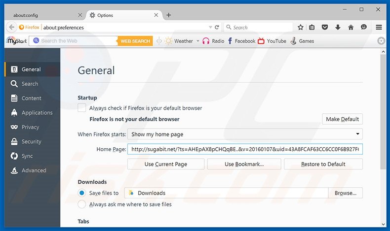Verwijder sugabit.net als startpagina in Mozilla Firefox