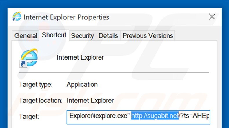 Verwijder sugabit.net als doel van de Internet Explorer snelkoppeling stap 2