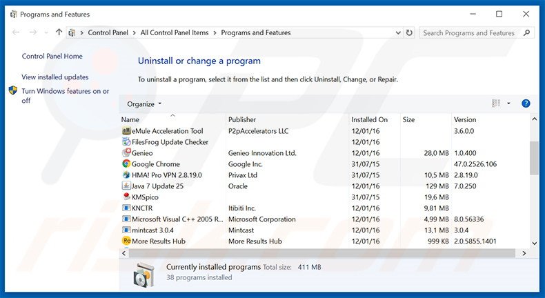 sugabit.net browser hijacker verwijdering via het Controle Paneel