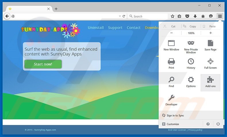 Verwijder de SunnyDay-Apps advertenties uit Mozilla Firefox stap 1