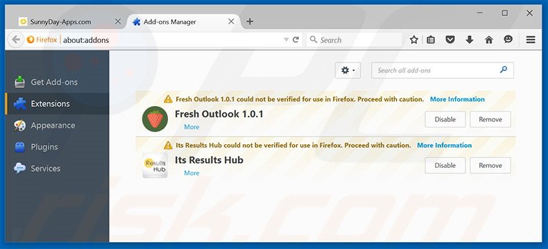 Verwijder de SunnyDay-Apps advertenties uit Mozilla Firefox stap 2