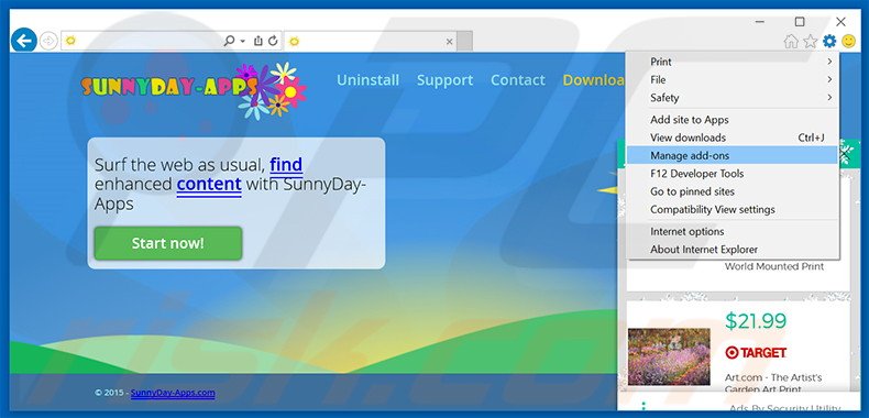Verwijder de SunnyDay-Apps advertenties uit Internet Explorer stap 1