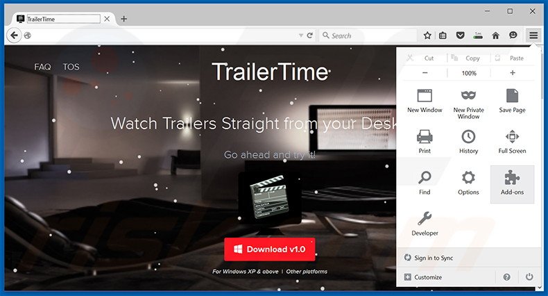 Verwijder de TrailerTime advertenties uit Mozilla Firefox stap 1