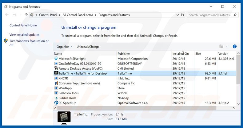 TrailerTime adware verwijdering via het Controle Paneel