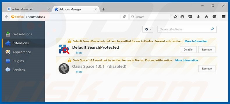 Verwijder aan universalsearches.com gerelateerde Mozilla Firefox extensies
