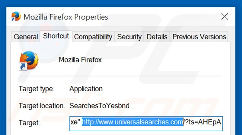Verwijder universalsearches.com als doel van de Mozilla Firefox snelkoppeling stap 2