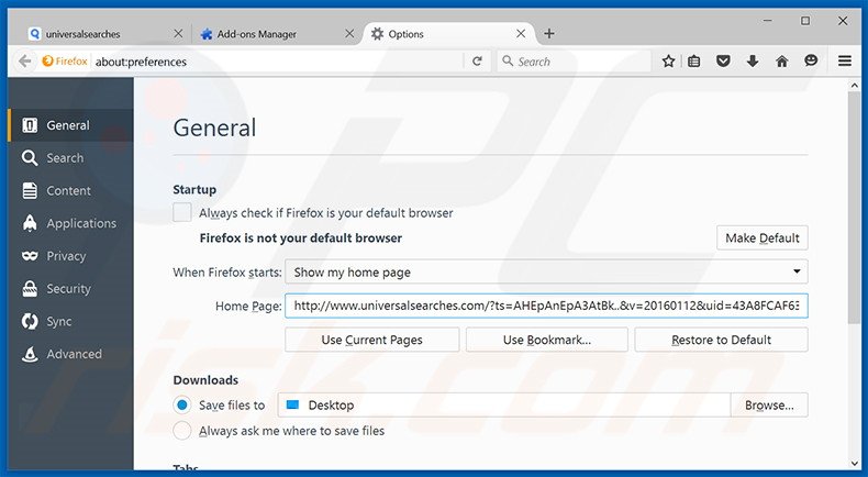 Verwijder universalsearches.com als startpagina in Mozilla Firefox