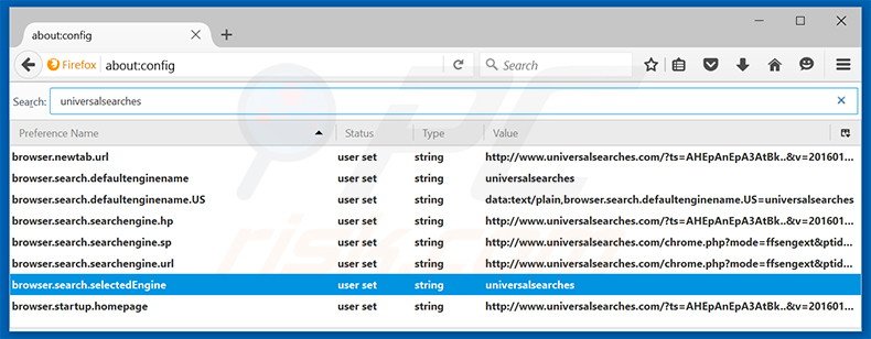 Verwijder universalsearches.com als standaard zoekmachine in Mozilla Firefox