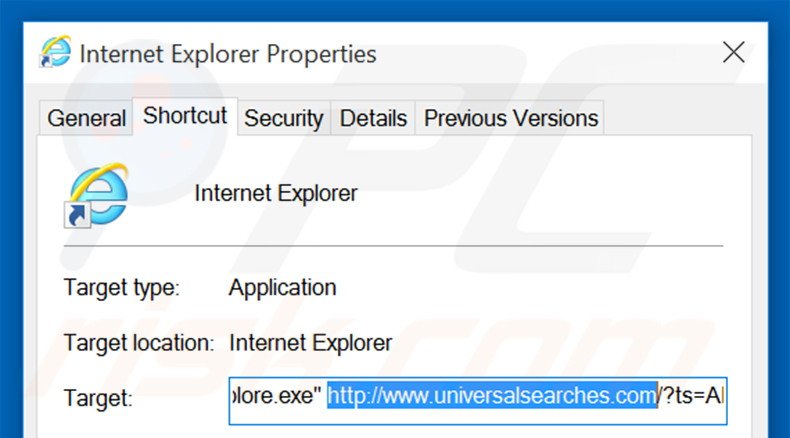 Verwijder universalsearches.com als doel van de Internet Explorer snelkoppeling stap 2