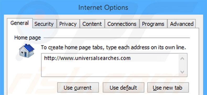 Verwijder universalsearches.com als startpagina in Internet Explorer