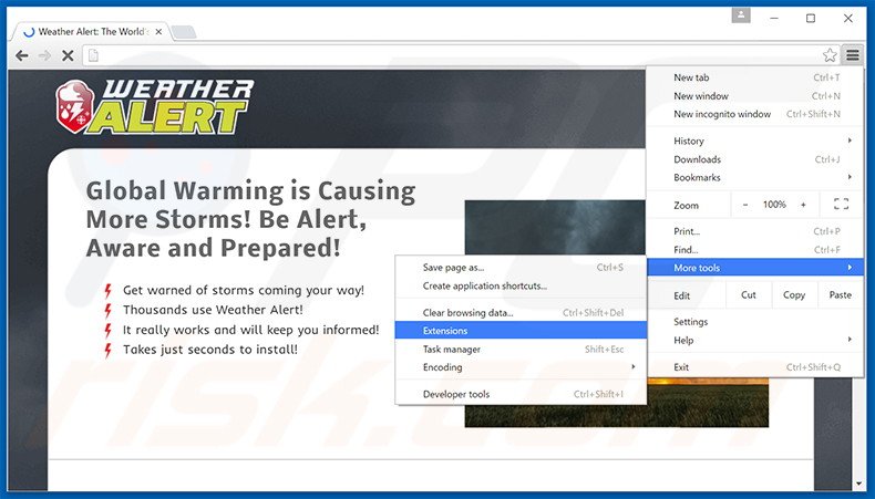 Verwijder de Weather Alert advertenties uit Google Chrome stap 1