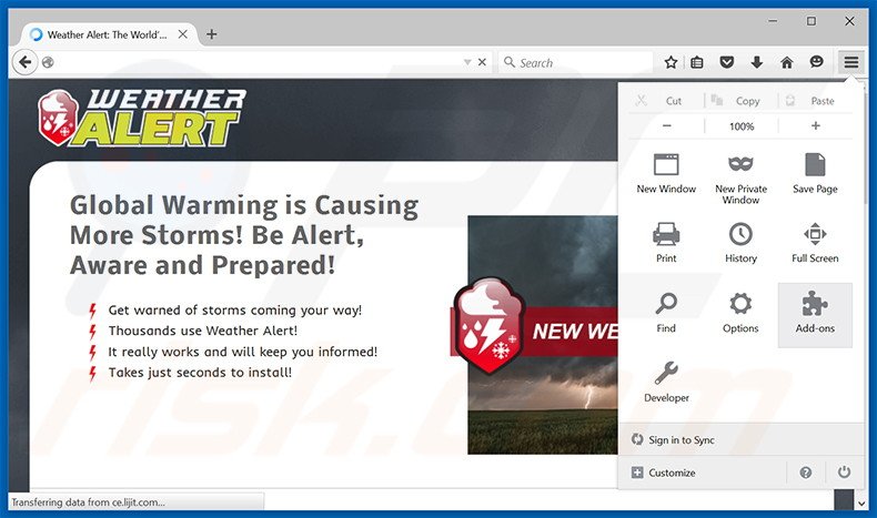 Verwijder de Weather Alert advertenties uit Mozilla Firefox stap 1