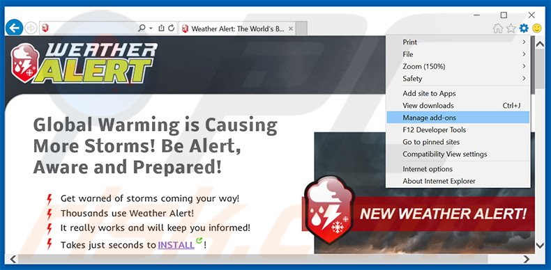 Verwijder de Weather Alert advertenties uit Internet Explorer stap 1