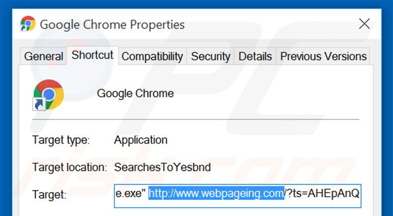 Verwijder webpageing.com als doel van de Google Chrome snelkoppeling stap 2