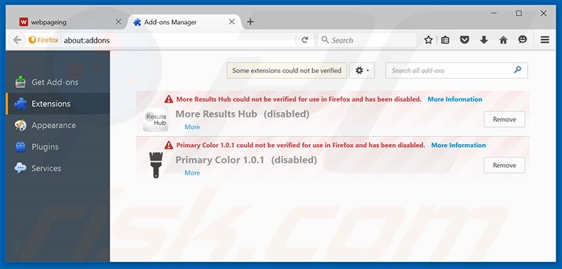 Verwijder aan webpageing.com gerelateerde Mozilla Firefox extensies