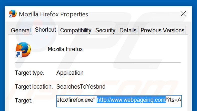 Verwijder webpageing.com als doel van de Mozilla Firefox snelkoppeling stap 2