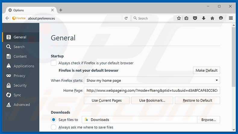 Verwijder webpageing.com als startpagina in Mozilla Firefox