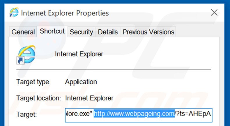 Verwijder webpageing.com als doel van de Internet Explorer snekoppeling stap 2