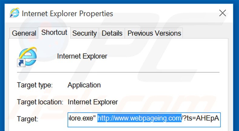 Verwijder webpageing.com als doel van de Internet Explorer snekoppeling stap 2