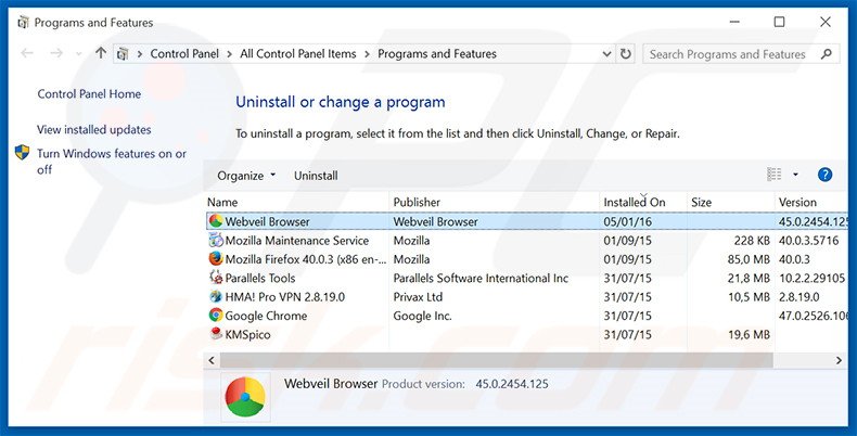 WebVeil adware verwijdering via het Controle Paneel