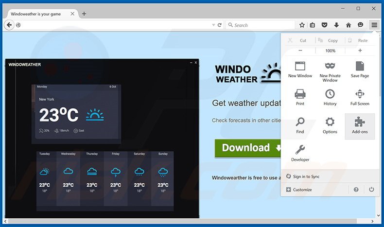 Verwijder de Windoweather advertenties uit Mozilla Firefox stap 1