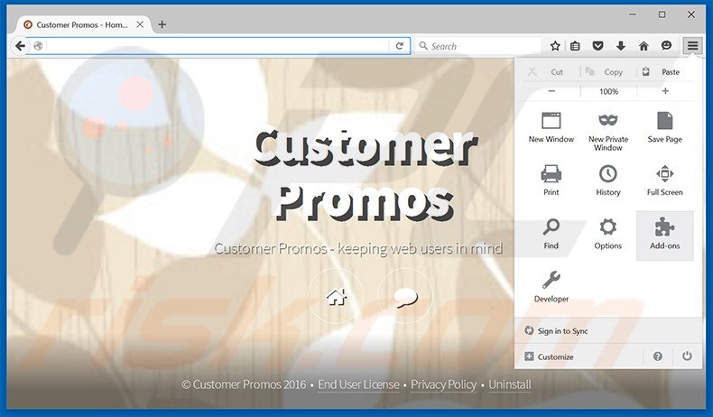 Verwijder de Customer Promos advertenties uit Mozilla Firefox stap 1