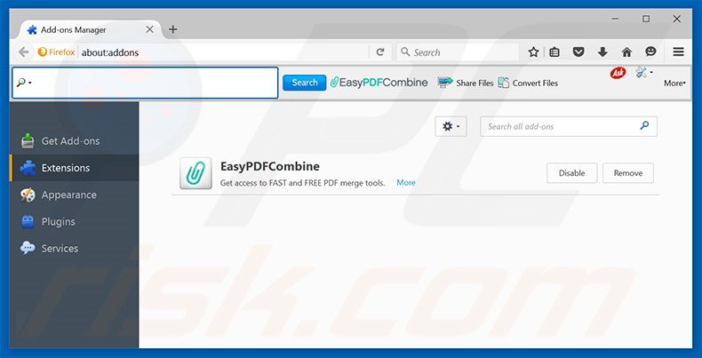 Verwijder EasyPDFCombine gerelateerde Mozilla Firefox extensies