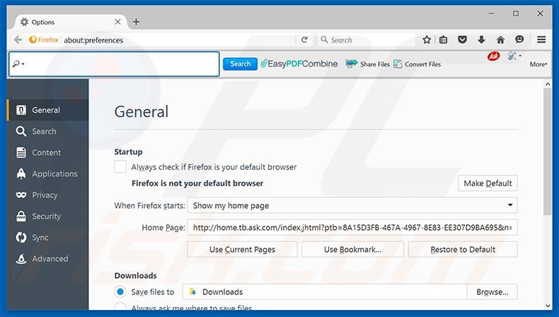Verwijder EasyPDFCombine als startpagina in Mozilla Firefox
