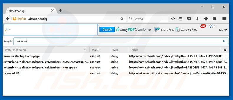 Verwijder EasyPDFCombine als standaard zoekmachine in Mozilla Firefox