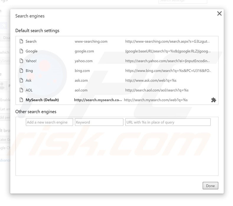 Verwijder search.mysearch.com als standaard zoekmachine in Google Chrome