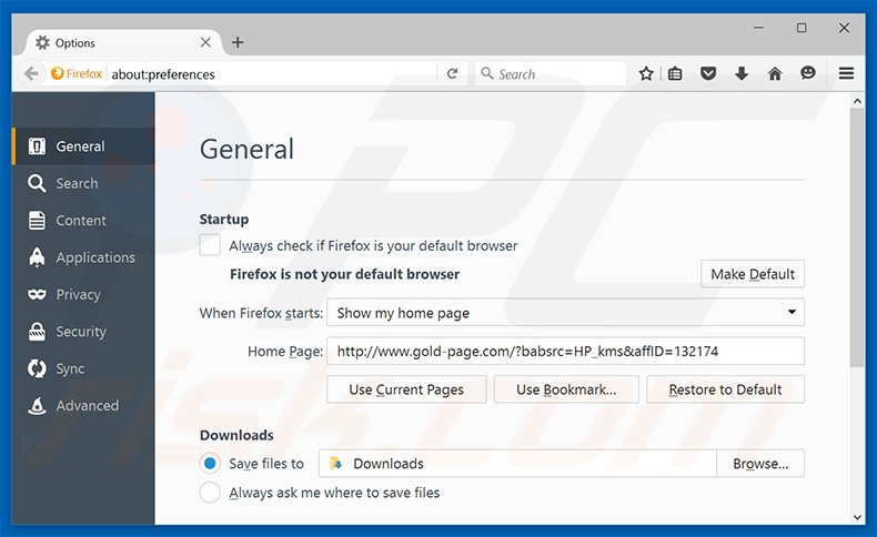 Verwijder gold-page.com als startpagina in Mozilla Firefox