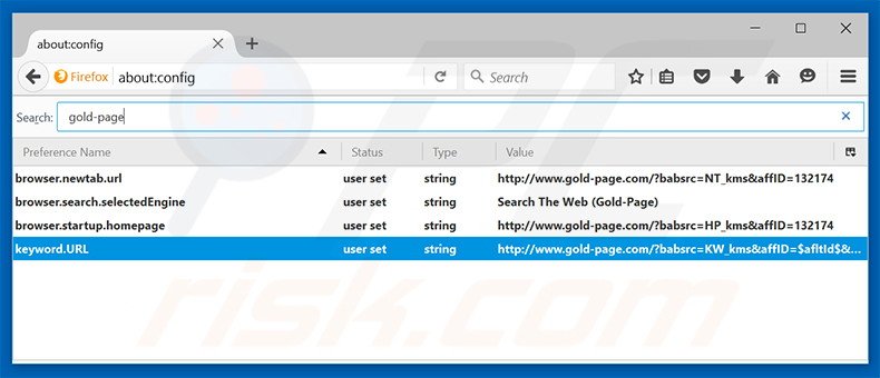Verwijder gold-page.com als standaard zoekmachine in Mozilla Firefox