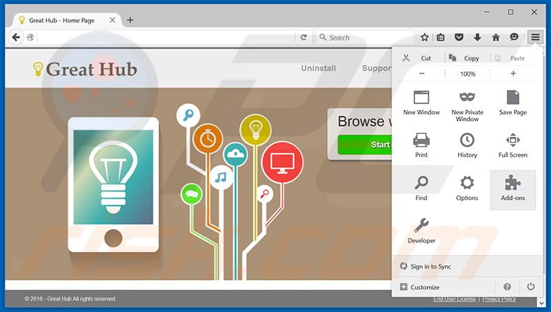 Verwijder de Great Hub advertenties uit Mozilla Firefox stap 1