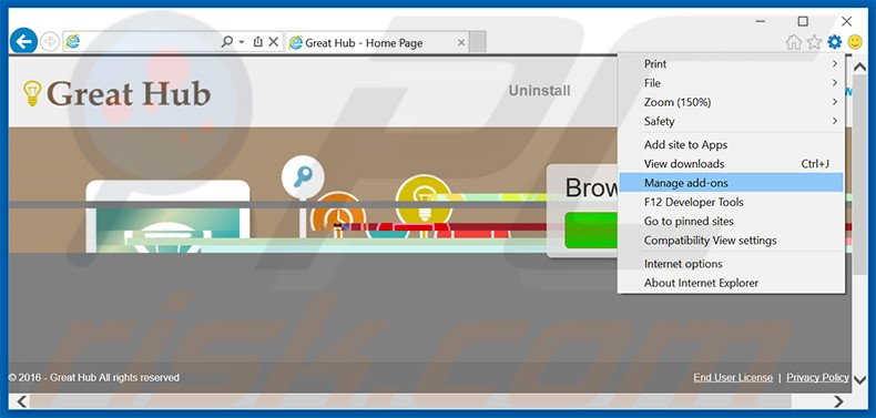 Verwijder de Great Hub advertenties uit Internet Explorer stap 1