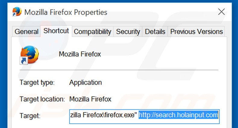 Verwijder search.holainput.com als doel van de Mozilla Firefox snelkoppeling stap 2