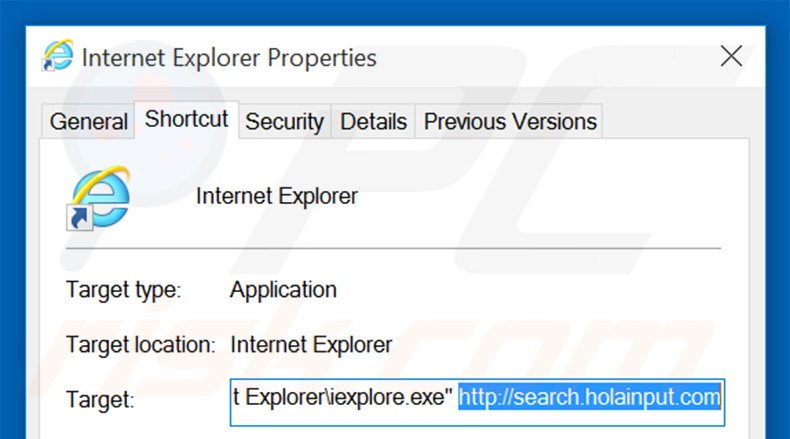 Verwijder search.holainput.com als doel van de Internet Explorer snelkoppeling stap 2