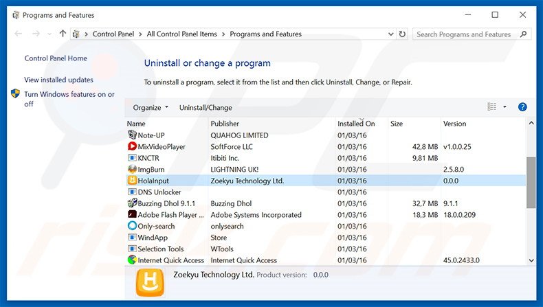 search.holainput.com browser hijacker verwijdering via het Controle Paneel