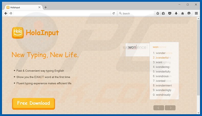 Website gebruikt om de HolaInput browser hijacker te promoten