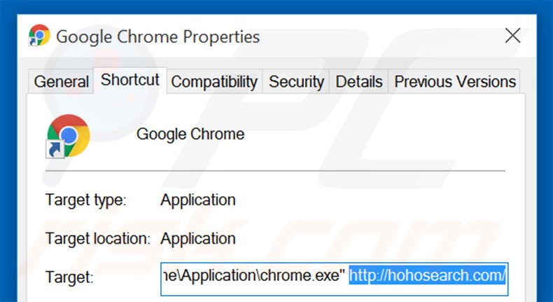 Verwijder hohosearch.com als doel van de Google Chrome snelkoppeling stap 2
