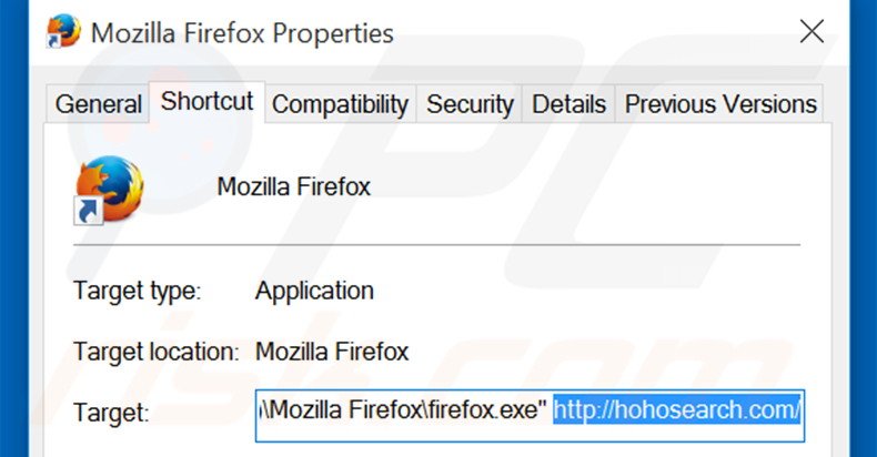 Verwijder hohosearch.com als doel van de Mozilla Firefox snelkoppeling stap 2