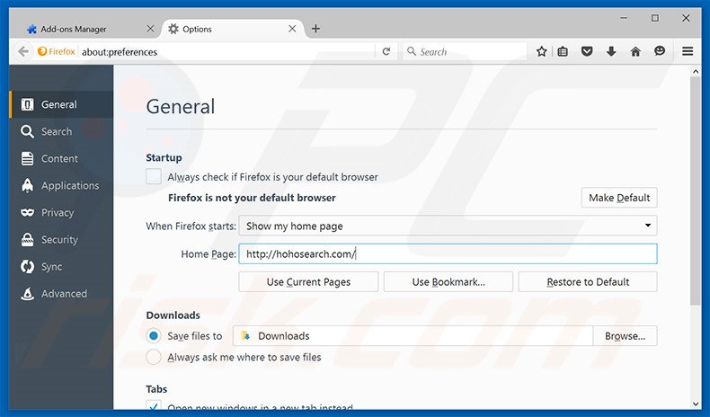 Verwijder hohosearch.com als startpagina in Mozilla Firefox