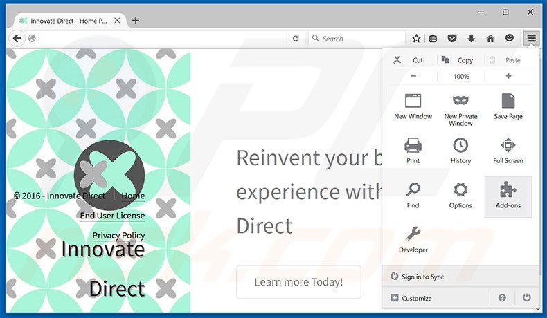 Verwijder de Innovate Direct advertenties uit Mozilla Firefox stap 1