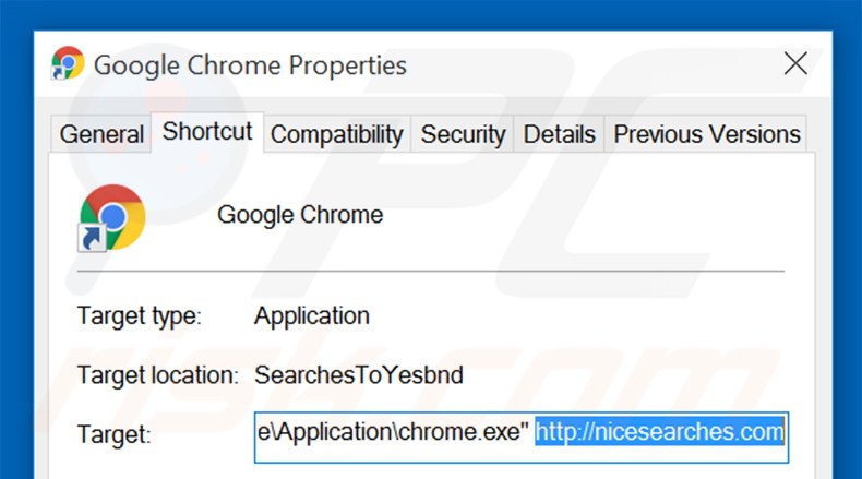 Verwijder nicesearches.com als doel van de Google Chrome snelkoppeling stap 2