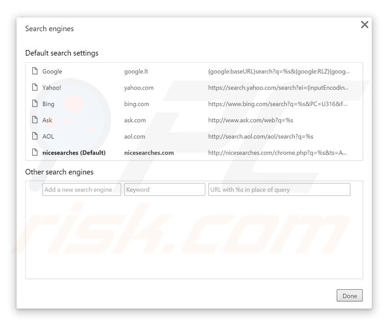 Verwijder nicesearches.com als standaard zoekmachine in Google Chrome