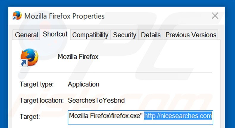 Verwijder nicesearches.com als doel van de Mozilla Firefox snelkoppeling stap 2
