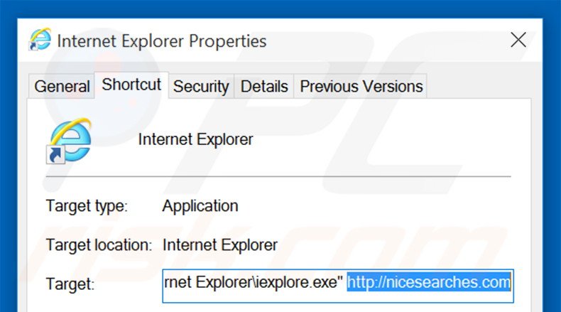 Verwijder nicesearches.com als doel van de Internet Explorer snelkoppeling stap 2