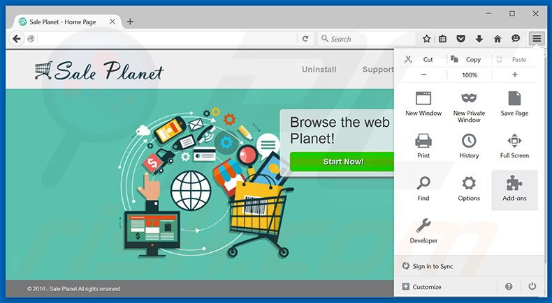 Verwijder de Sale Planet advertenties uit Mozilla Firefox stap 1