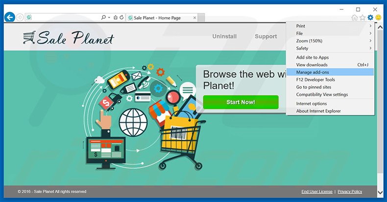 Verwijder de Sale Planet advertenties uit Internet Explorer stap 1
